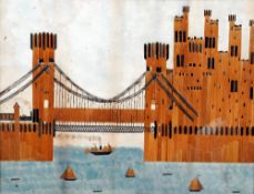 A 19th century straw work picture
Depicting a railway bridge and castle with boats in the