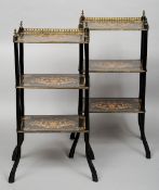 A pair of 19th century French ebonised etagere
Each with three marquetry inlaid tiers, supported