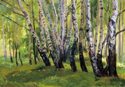 RUSSIAN SCHOOL (20th century)
Silver Birches
Oil on board
Inscribed to verso
50 x 35 cms, unframed