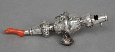 A 19th century silver baby's ratte, hallmarks indistinct, maker's mark of GU
One end with a whistle,