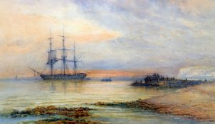 THOMAS HALE SANDERS (flourished 1880-1906) 
Man o'War Anchored Off the Coast
Watercolour
Signed