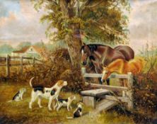 ENGLISH SCHOOL (20th century)
Mare and Her Foal With Bitch and Her Puppies at a Stile Gate
Oil on