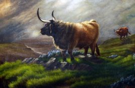 BRITISH SCHOOL (19th/20th century)
Long Horned Cattle in a Highland Landscape
Oil on canvas
Signed