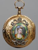 An unmarked gold, diamond and enamel decorated verge pocket watch
The circular enamel dial with