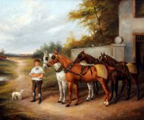 J. CLARK & SON (19th century) British
Coaching Horses With Their Groom and His Dog
Oil on canvas