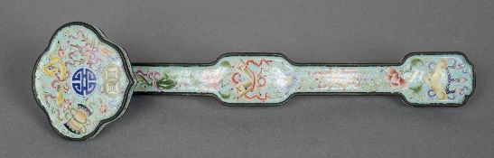 A Cantonese enamel decorated ruby sceptre
Of typical form.  28.5 cm long. CONDITION REPORTS: Overall