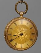 A lady's 18 ct gold cased pocket watch
The dial with Roman numerals, the engraved case marked 18K