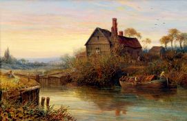 JAMES WALLACE (1872-1911) British
Canal Barge Before a Loch and Rural Cottage
Oil on canvas
Signed