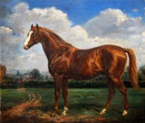 ENLGISH SCHOOL (19th century)
Portrait of a Chestnut Stallion in a Rural Landscape
Oil on artist's