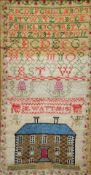 An early 19th century needlework sampler
Worked with a country house and the alphabet, signed M.