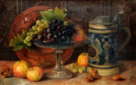 ENGLISH SCHOOL (19th century)
Still Life of Fruit and a Lidded Tankard
Oil on canvas
59 x 38.5 cm,