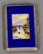 A white and yellow metal enamel decorated cigarette case
The hinged cover worked with a river