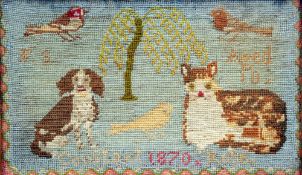 A 19th century needlework sampler
Worked with a dog, cat and birds centred with a willow, signed