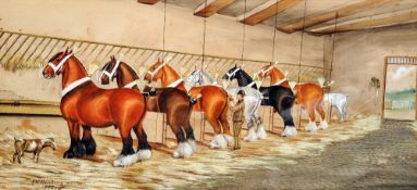 HENRY WILLIAM STANDING (flourished 1894-1931) British
Heavy Horses in a Stable With Groom and Goat