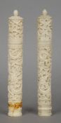 Two 19th century Cantonese carved ivory needlecases
Each of cylindrical form carved with dragons and