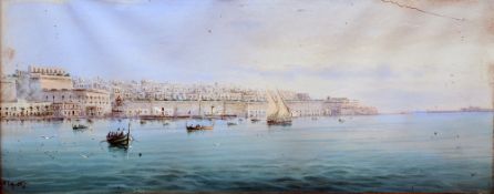 VINCENZO D'ESPOSITO (1866-1946) Maltese
Shipping Before Valletta Harbour
Gouache
Signed
53.5 x 22