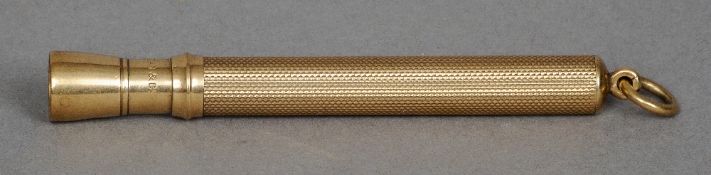 A Samson Morden & Co. 9 ct gold cigar pricker
The outer case with engine turned decoration.  8 cm