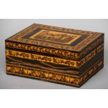 A Victorian Tunbridgeware work/writing box
The hinge lid decorated with a view of Bayham Abbey,