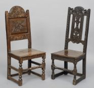 Two 18th century carved oak chairs
Each with carved backs above a solid seat, standing on turned and