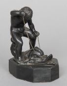 A 19th century Grand Tour patinated bronze model
Formed as a naked boy riding a dolphin, mounted