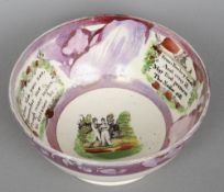 A 19th century Sunderland pottery pink lustre bowl
Typically decorated with verse and figural