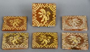 Six late 17th century Flemish pottery floor tiles
Each centred with a rampant lion.  Each