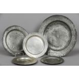 Five pewter dishes
The largest with maker's mark for Robert Nicholson and London touch mark, another