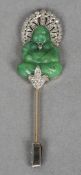 An unmarked, probably white gold, jade and diamond pin
Formed as a jade Buddha with diamond