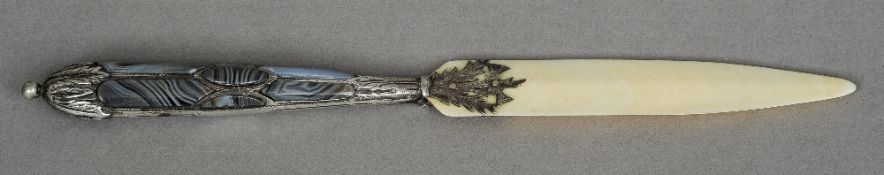 A Victorian silver mounted agate set letter opener, hallmarked Birmingham 1892, maker's mark