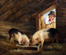 Attributed to GEORGE MORLAND (1763-1804) British
Feeding the Pigs
Oil on panel
Signed
39.5 x 33