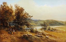 THOMAS WHITTLE (19th century) British
Shepherd and His Flock in a Rural River Landscape
Oil on panel