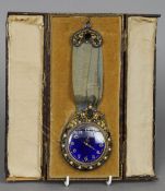 A 19th century Continental stone set enamel decorated pendant clock
The blue guilloche enamel dial