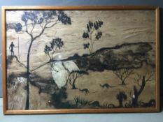 AUSTRALIAN, possibly ABORIGINAL 
Landscape with Kangaroos and a Tribal Figure Collage
Painted wood