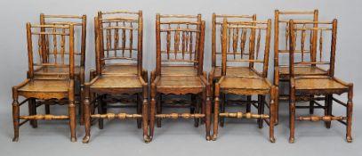 A harlequin set of ten 19th century elm and ash country chairs
Each back with turned uprights