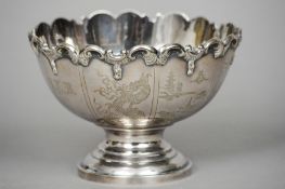 A Chinese Sterling silver pedestal bowl The main body with engraved vignettes and initialled. 16