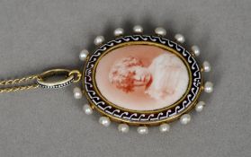 A pearl and enamel mounted memorial pendant by Carlo Giulano
Of oval form depicting a portrait of a