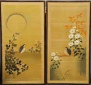 A pair of Japanese paintings on silk
Each depicting a bird amongst foliage, each signed and with red