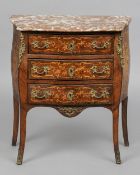 A late 19th/early 20th century Continental marble topped marquetry inlaid bombe commode chest
The