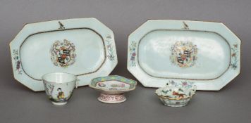 A pair of 18th century Chinese Export porcelain armorial dishes Each of shallow canted rectangular