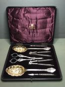 A cased Mappin & Webb silver plated fruit and nut set
Comprising: berry spoons, grape scissors,