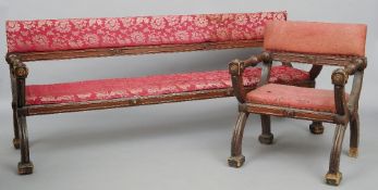 A 19th century upholstered bench and matching side chair
Each with a padded top rail and rope twist