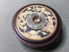 A Chinese hardwood, ivory and bone mounted compass
The dial bordered by various beasts, the