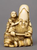 A late 19th century Japanese carved ivory okimono
Formed as a barber tending Fukurokuju, the