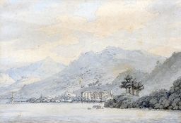 THOMAS SUNDERLAND (1744-1823) British
Storrs Hall, Windermere 
Watercolours, blue and grey washes