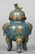 A Chinese cloisonne censer and cover
The removable pierced domed lid with a dog-of-fo finial above