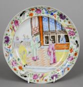 A 19th century Cantonese famille rose dish
Centred with figures in an interior.  19.5 cm diameter.