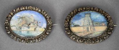 Two 19th century Indian unmarked white metal brooches
Each centred with a landscape miniature.