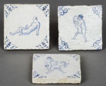 Three 18th/19th century unusual Delft tiles 
Each an erotic image.  Each 13 cm wide.