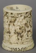 A 19th century Cantonese carved ivory tusk section brush pot
Decorated in the round with figures