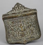 An 18th century Turkish cartridge case
Typically worked with hinged cover and belt loop.  11 cm